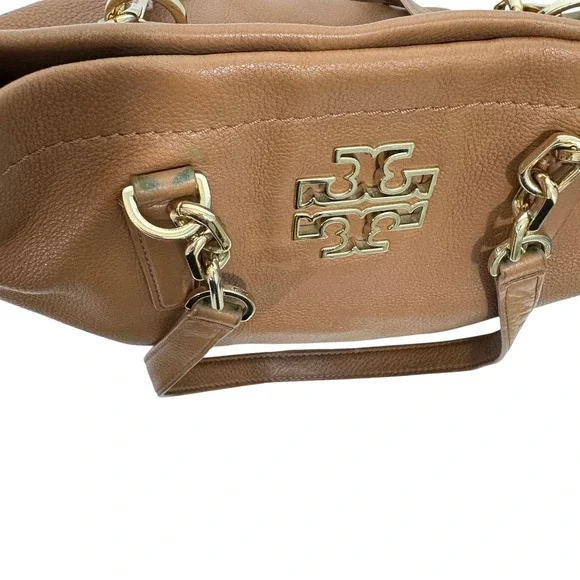 Tory Burch Amanda Classic Pebbled Leather Tote Bag Tan Brown Gold Logo - Picture 11 of 11